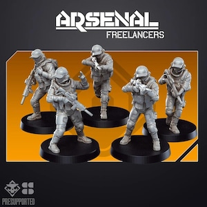 May include: Five grey plastic miniature figures of soldiers wearing helmets and holding guns. The figures are standing on black circular bases. The figures are part of a set called "Arsenal Freelancers" and are pre-supported.
