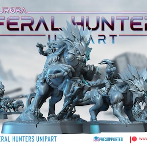 May include: A series of light blue fantasy figurines, featuring creatures with a mix of avian and canine characteristics. The figures are posed in action, with riders and weapons. The text "AURORA FERAL HUNTERS UNIPART" is displayed.