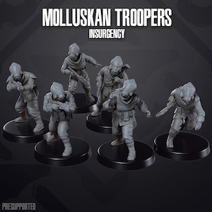 May include: A group of gray Molluskan Troopers figurines, each posed in action on a black base. The figures are wearing tactical gear and helmets, and some are holding weapons. The text "MOLLUSKAN TROOPERS INSURGENCY" is displayed at the top.
