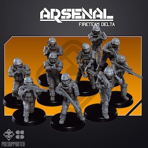 May include: A collection of grey miniature soldier figurines in futuristic armour, each on a black circular base. The figures are holding weapons and are labelled "Arsenal Fireteam Delta". The figures are pre-supported.