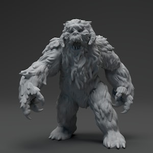 May include: A grey 3D model of a large, hairy creature with a menacing expression. The creature has a large head, sharp claws, and a muscular build. The model is likely for a tabletop game or collectible.