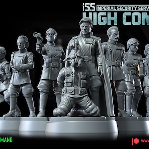 May include: A collection of gray miniature figures depicting military personnel. The figures are standing on individual circular bases. The text "ISS HIGH COMMAND" is visible, along with the logos for "WAR BEAR STUDIOS" and "RETALIATOR RAID".