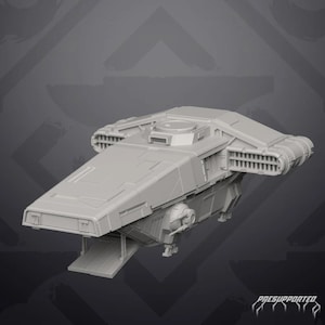 May include: A grey 3D printed model of a spaceship with a long, flat body and a large, rectangular cockpit. The spaceship has a set of engines on the back and a landing gear on the bottom.