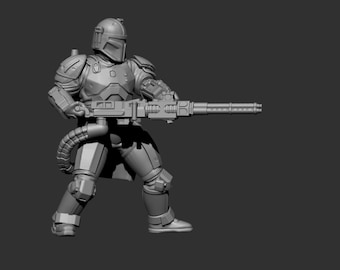 May include: A gray, detailed, 3D printed action figure of a futuristic soldier wearing armor and holding a large gun.
