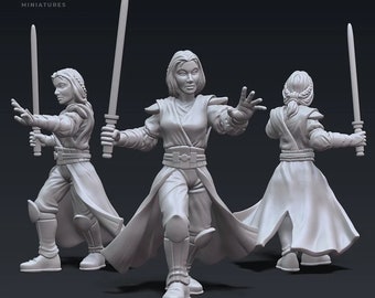 May include: Three gray plastic figurines of a female character holding a lightsaber. The character is wearing a long robe and has a belt around their waist. The figurines are posed in different action poses.