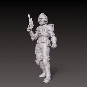 May include: A white plastic figurine of a futuristic soldier wearing a helmet and holding a blaster.