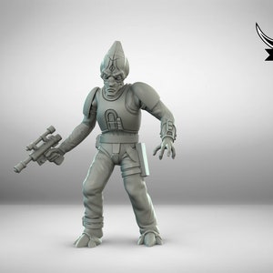 May include: A gray, detailed miniature figure of a humanoid alien with a pointed head, wearing a dark gray uniform and holding a blaster pistol. The figure is posed in a dynamic stance, ready for action.