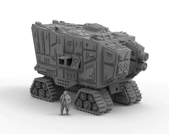 May include: A gray, futuristic, tracked vehicle with a boxy design and multiple compartments. The vehicle has two large exhaust pipes on the back and a small figure standing in front of it.