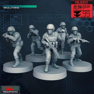 May include: Five gray plastic miniature figures of soldiers in tactical gear, holding rifles, standing on round bases. The figures are part of a set called "SKULLFORGE" and are presupported for 3D printing.