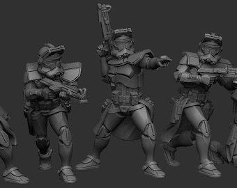 May include: Five gray plastic action figures of Star Wars clone troopers. The figures are posed in different action stances, holding weapons.