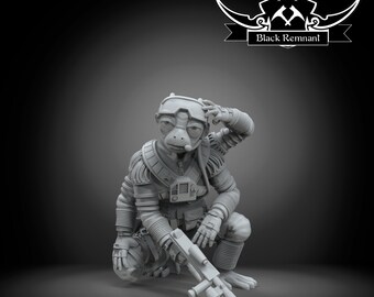 May include: A gray, detailed, 3D printed miniature of a fictional character from the Black Remnant universe. The character is a humanoid with a large head, large eyes, and a long snout. The character is wearing a futuristic outfit and holding a blaster rifle.