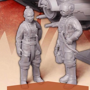 May include: Two grey painted figurines of pilots wearing flight suits and helmets. The figures are standing on a grey platform.
