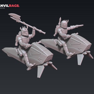 May include: Two gray, futuristic-looking speeder bikes with riders wearing helmets and armor. The speeder bikes have a sleek, aerodynamic design with a pointed nose and a single engine.