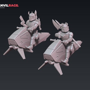 May include: Two gray 3D printed miniature figures of a Mandalorian riding a speeder bike. The figures are detailed and have a futuristic design.