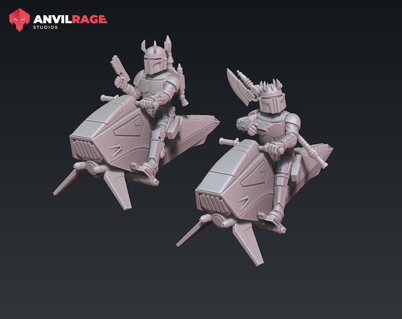 May include: Two gray 3D printed miniature figures of a Mandalorian riding a speeder bike. The figures are detailed and have a futuristic design.