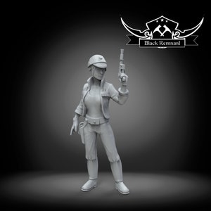 May include: A gray plastic figurine of a woman wearing a cap, jacket, and pants, holding a blaster in her right hand. The figurine is standing on a gray background. The text "Black Remnant" is visible in the upper right corner of the image.