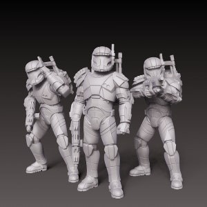 May include: Three gray plastic action figures of soldiers wearing futuristic armor and helmets. The figures are holding weapons and are posed in a variety of stances.