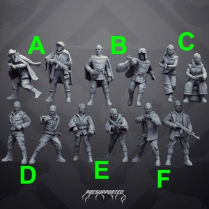 Puede incluir: Un conjunto de 9 figuras en miniatura grises impresas en 3D de personas en varias poses, sosteniendo armas y vistiendo diferentes prendas. Las figuras están etiquetadas de la A a la F.