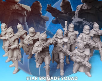 May include: A group of gray plastic Star Wars clone trooper figurines, posed in a battle formation, with the text "STAR BRIGADE SQUAD" at the bottom of the image.