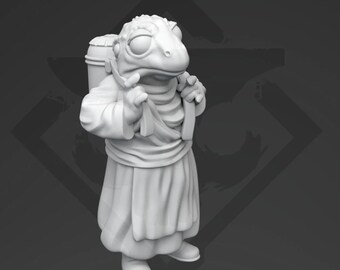 May include: A white 3D printed miniature figurine of a humanoid frog wearing a robe and carrying a backpack. The frog has large eyes and a wide mouth.