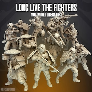 Può includere: Un set di nove miniature non dipinte, dettagliate, di guerrieri futuristici con armi e armature. Le miniature sono in una varietà di pose dinamiche. Il testo "Long Live The Fighters" e "Mud World Liberators" è stampato sopra le miniature.