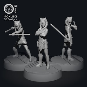 Puede incluir: Tres figuras grises impresas en 3D de un personaje femenino con orejas puntiagudas y un sable de luz. El personaje lleva una túnica, pantalones y botas. Las figuras están en diferentes poses, una con un sable de luz en cada mano, otra con los brazos cruzados y otra sosteniendo un sable de luz detrás de su espalda.