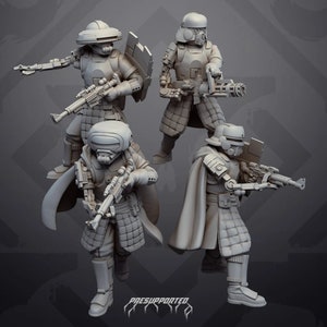 Peut inclure: Quatre figurines miniatures en plastique gris de soldats portant des casques et des armures, tenant des armes. Les figurines sont posées dans une variété de poses d'action. Les figurines sont pré-supportées, ce qui signifie qu'elles sont conçues pour être facilement imprimées sur une imprimante 3D.