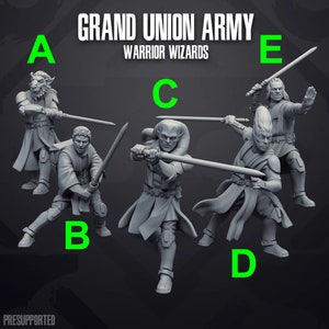 Peut inclure: Cinq figurines de guerriers sorciers gris en poses dynamiques, chacun maniant une épée. L'image présente le texte "GRAND UNION ARMY WARRIOR WIZARDS" en haut. Les figurines sont en différentes poses d'action.