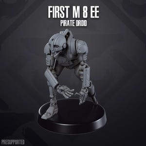 May include: A gray plastic model of a robot, called "First M 8 EE Pirate Droid", standing on a black base.