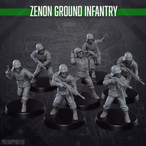 Puede incluir: Colección de figuras en miniatura grises de soldados en poses de combate. Cada figura está sobre una base circular negra y sostiene un rifle o una pistola. El texto "ZENON GROUND INFANTRY" se muestra en verde en la parte superior.