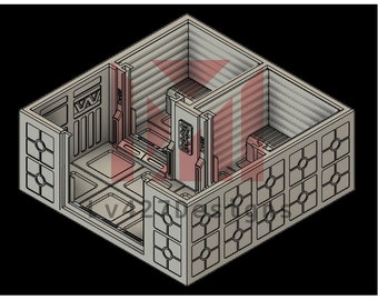 Può includere: Un modello 3D stampato di un interno di una stanza con un design dettagliato. La stanza ha una porta, una finestra e un muro con un motivo a griglia. Il modello è in plastica bianca.