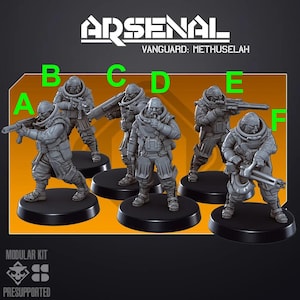 May include: A set of six grey miniature figures labelled A through F, titled ARSENAL VANGUARD: METHUSELAH. Each figure wears tactical gear and a neck collar, holding various weapons. The figures stand on circular black bases against an orange background.