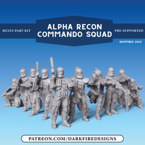 May include: A set of 9 grey plastic miniature figures of clone troopers, posed in various combat stances. The figures are part of a multi-part kit and are pre-supported. The figures are labeled "Alpha Recon Commando Squad" and "November 2024".
