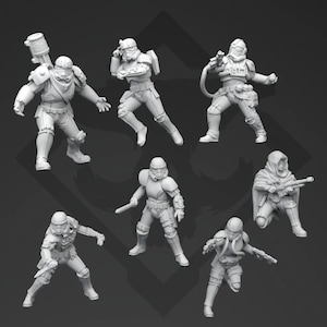 Könnte beinhalten: Ein Set aus sieben grauen Plastik-Actionfiguren von Star Wars-Charakteren. Die Figuren sind in verschiedenen Action-Posen dargestellt.