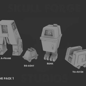 May include: A set of four grey 3D printed Star Wars droid models. The models are labelled "A-Frame", "R0-D3NT", "RONIK", and "TO-4ST3R". The text "DRONE PACK 1" is also visible.