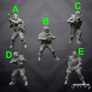 May include: Five grey plastic miniature figures of soldiers, each holding a weapon. The figures are posed in different action stances. The figures are pre-supported and ready to be painted.
