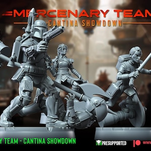 May include: A grey, 3D-printed miniature set titled "Mercenary Team - Cantina Showdown." The set features several detailed figures in dynamic poses, including a figure with a blaster and another with dual swords. The War Bear Studios logo is visible.