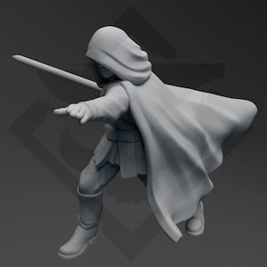 May include: A grey 3D printed miniature figure of a person wearing a hooded cloak and holding a sword. The figure is posed in a dynamic action pose, with the sword raised above their head.