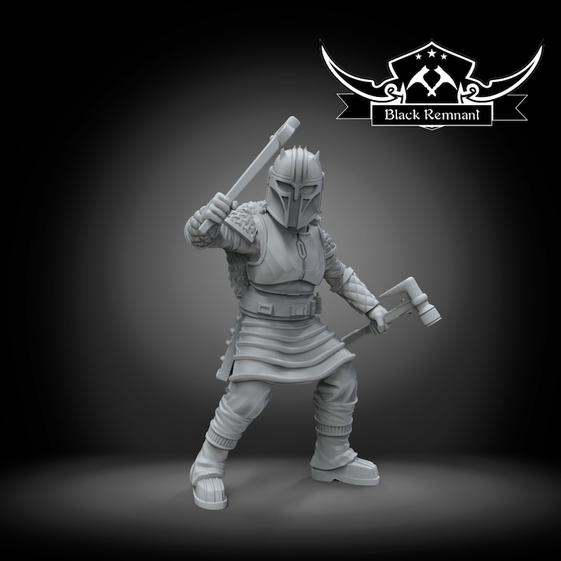 May include: A gray plastic miniature figure of a warrior wearing armor and a helmet, holding two axes. The figure is standing on a gray background. The text "Black Remnant" is visible in the upper right corner of the image.