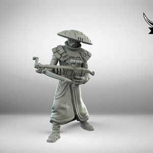 May include: A gray, detailed miniature figure of a person wearing a long robe and a wide-brimmed hat, holding a crossbow in their right hand. The figure is standing on a gray surface. Black Remnant is printed in black text on a white banner.
