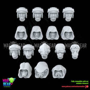 May include: A set of 15 3D printed miniature heads for tabletop gaming. The heads are in various styles, including hooded, helmeted, and alien. The heads are all in a white plastic material.
