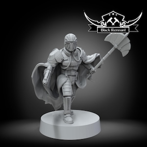 May include: A grey figurine of a futuristic warrior, wearing detailed armour and a helmet. The figure is holding a weapon in one hand and a blaster in the other. The base has the text "Black Remnant".