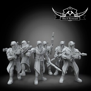 May include: A group of six gray plastic miniature figures of soldiers wearing hooded cloaks and holding weapons. The figures are posed in a battle formation. The figures are part of a tabletop wargame.