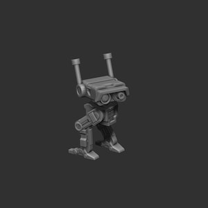 May include: A gray 3D printed model of a small robot with two antennas on top of its head and four legs.