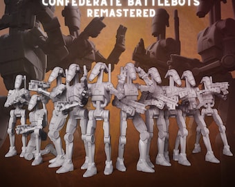 Peut inclure: Un ensemble de neuf droïdes de combat confédérés en plastique gris, un type de robot de l'univers Star Wars. Les droïdes sont en position de combat, tenant des armes. L'image comprend le texte "MAY 2024 SECONDARY RELEASE CONFEDERATE BATTLEBOTS REMASTERED PRESUPPORTED PATREON.COM/DARKFIREDESIGNS".
