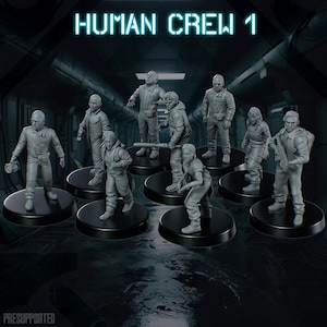 May include: A set of eight grey plastic miniature figures of people, each standing on a round black base. The figures are arranged in a circle, with the text "HUMAN CREW 1" at the top of the image.