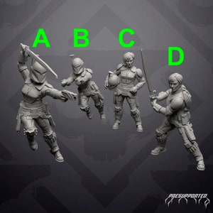 May include: Four grey 3D printed miniature figures of characters wearing futuristic armor and holding weapons. The figures are posed in action stances. The figures are labeled A, B, C, and D.