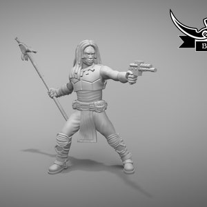 May include: A white plastic miniature figure of a person holding a spear and a blaster. The figure has long dreadlocks and is wearing armour and a long skirt. The figure is standing on a grey background. Black Remnant.