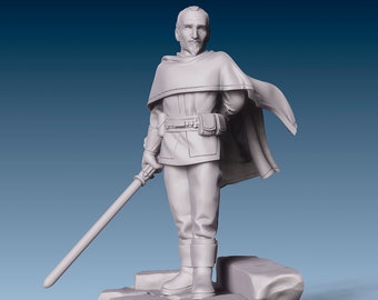 May include: A white painted figurine of a man with a beard and a long, straight sword. He is wearing a long coat and pants. The figurine is standing on a rocky base.