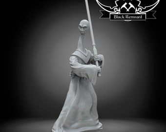May include: A gray, detailed miniature figurine of a humanoid figure wearing a long robe and holding a lightsaber. The figure has a long, thin neck and a pointed head. The figure is standing on a gray base.